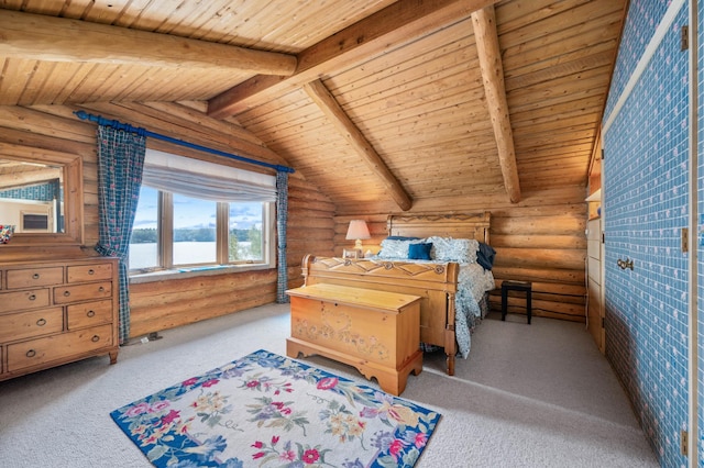 carpeted bedroom featuring lofted ceiling with beams, log walls, and wood ceiling