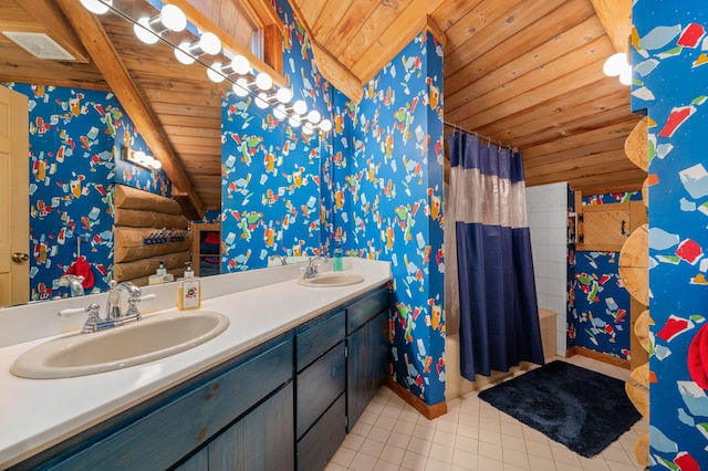 full bathroom with wallpapered walls, a sink, and wood ceiling