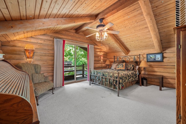 bedroom featuring rustic walls, access to exterior, wood ceiling, lofted ceiling with beams, and carpet
