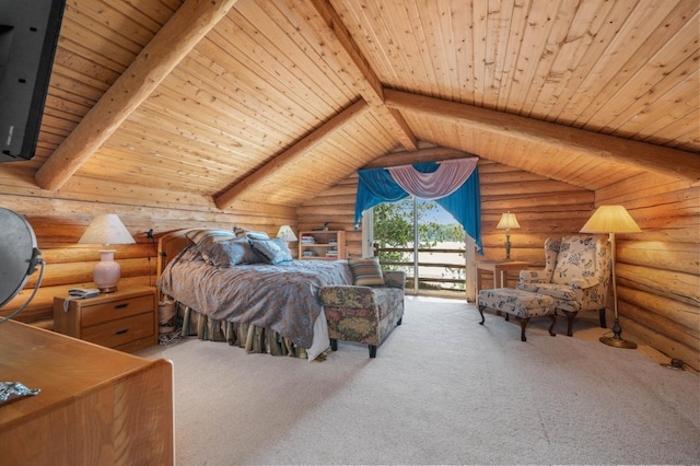 carpeted bedroom with wooden ceiling, access to outside, rustic walls, and vaulted ceiling with beams