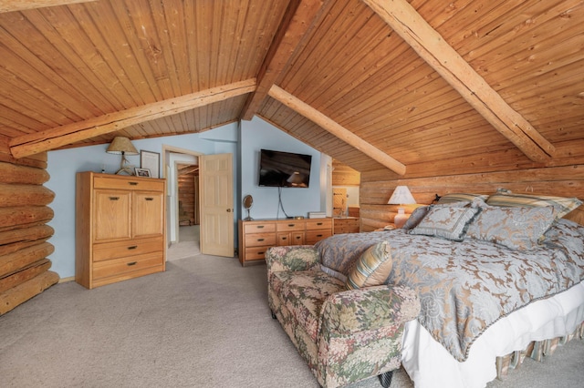 bedroom with vaulted ceiling with beams, wood ceiling, rustic walls, and light carpet