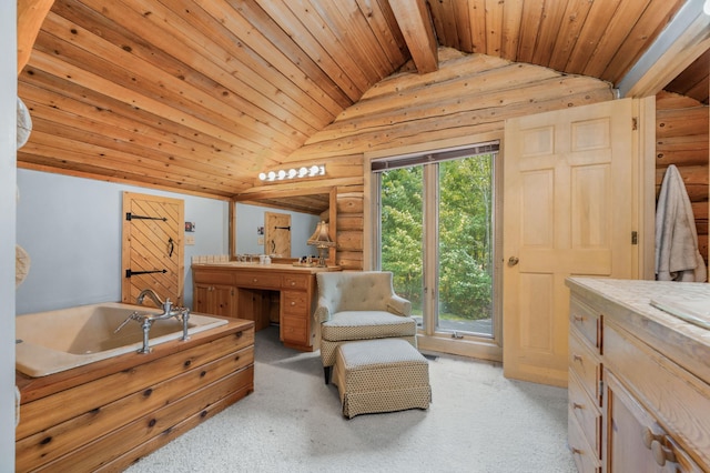 sitting room with wooden ceiling, vaulted ceiling with beams, rustic walls, and light colored carpet
