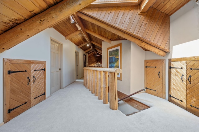 bonus room featuring carpet flooring, vaulted ceiling with beams, and wood ceiling