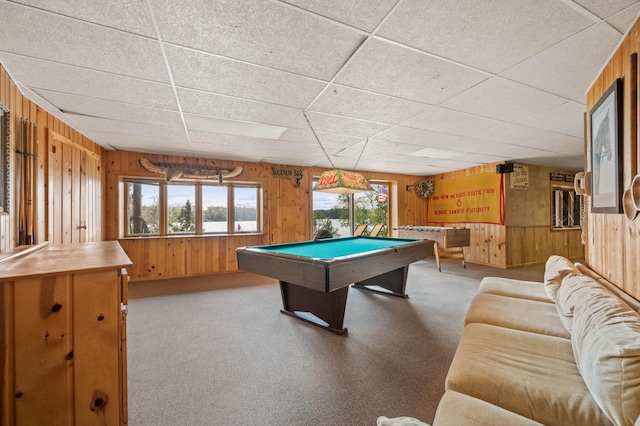 rec room with wood walls, billiards, and a paneled ceiling