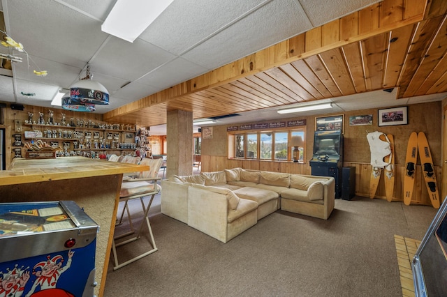 living room with wooden walls and carpet