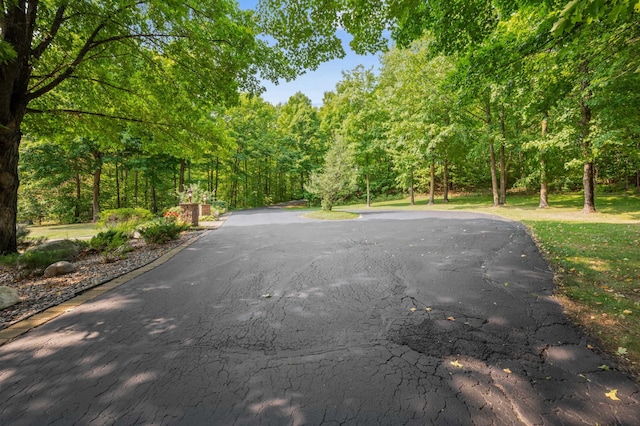 view of road featuring a wooded view
