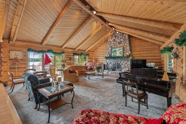 30047 Sunny Beach Rd, Grand Rapids, MN 55744 - living area featuring rustic walls, wooden ceiling, and track lighting