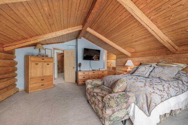 30047 Sunny Beach Rd, Grand Rapids, MN 55744 - bedroom featuring light colored carpet, wood ceiling, and rustic walls