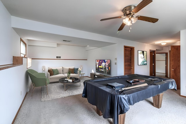 rec room with carpet floors, baseboards, a ceiling fan, and visible vents