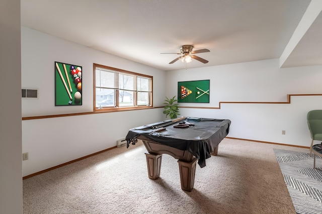 playroom featuring visible vents, a ceiling fan, baseboards, and carpet floors