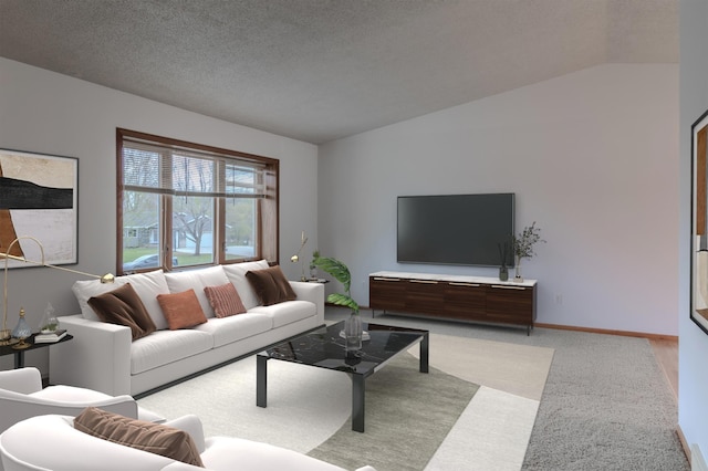 living room featuring baseboards, vaulted ceiling, and light colored carpet