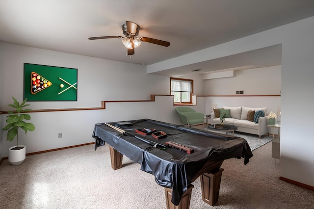 rec room with baseboards, a ceiling fan, and carpet flooring