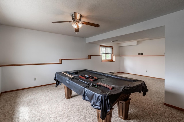 recreation room with carpet floors, a ceiling fan, baseboards, and pool table