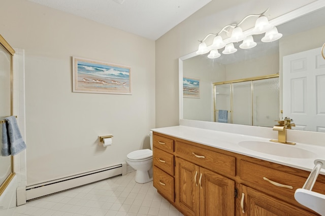 9600 Portland Ave S Unit 322, Bloomington, MN 55420 - bathroom featuring a baseboard radiator, a shower with door, tile patterned floors, and toilet