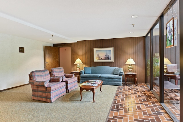 9600 Portland Ave S Unit 322, Bloomington, MN 55420 - living area featuring brick patterned floors, wooden walls, and baseboards