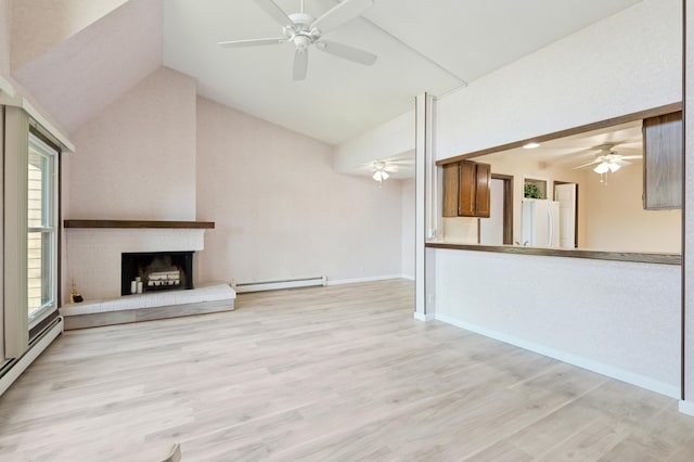 9600 Portland Ave S Unit 322, Bloomington, MN 55420 - unfurnished living room featuring a baseboard radiator, ceiling fan, light wood-style floors, baseboard heating, and high vaulted ceiling