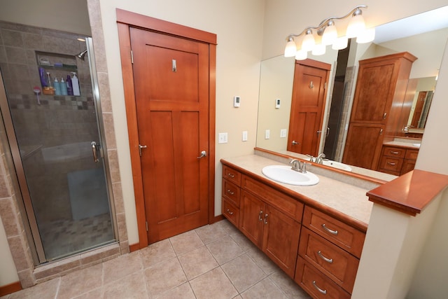 full bath featuring vanity, tile patterned floors, and a stall shower