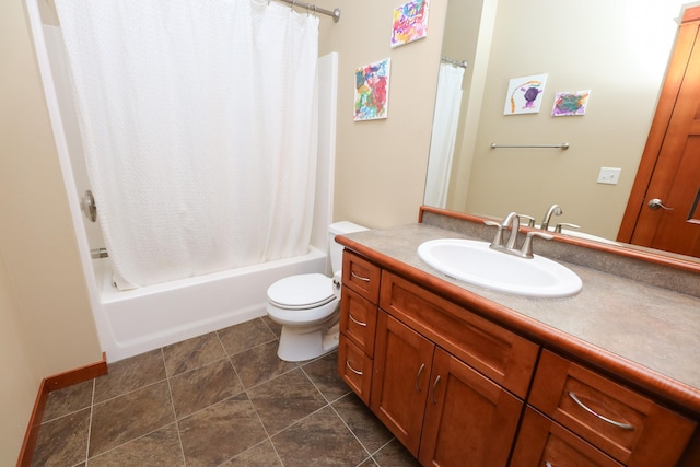 full bathroom featuring toilet, shower / bath combination with curtain, and vanity
