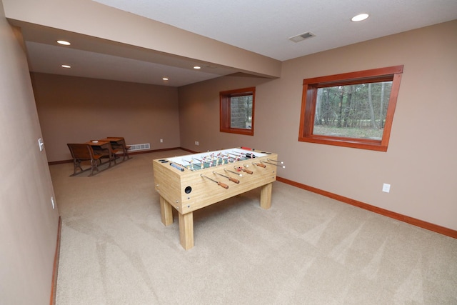 playroom featuring visible vents, carpet flooring, and baseboards
