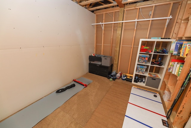 below grade area featuring carpet floors