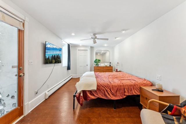 bedroom featuring tile patterned floors, a ceiling fan, baseboards, recessed lighting, and a baseboard heating unit