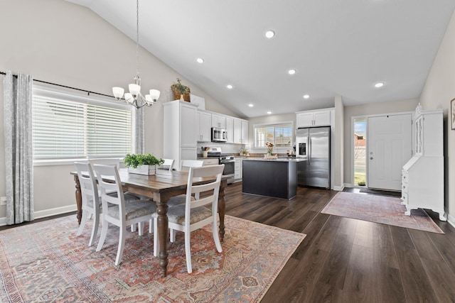 dining area featuring a notable chandelier, high vaulted ceiling, recessed lighting, baseboards, and dark wood-style floors