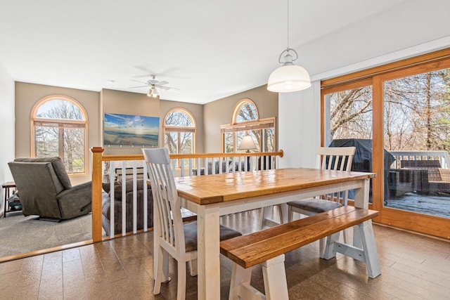 dining room featuring ceiling fan and hardwood / wood-style flooring