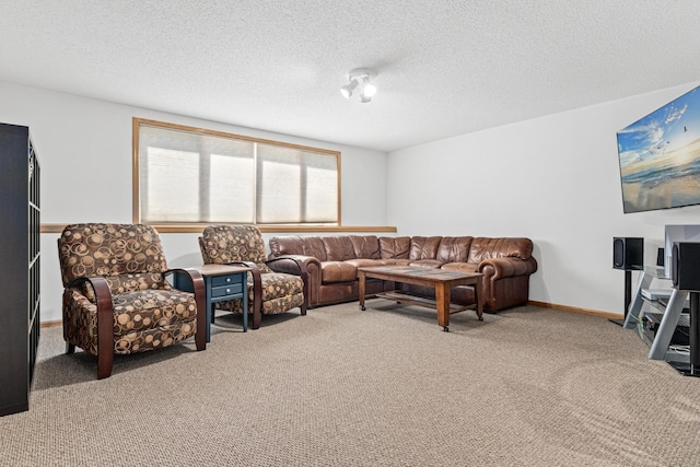 living room featuring a textured ceiling and carpet