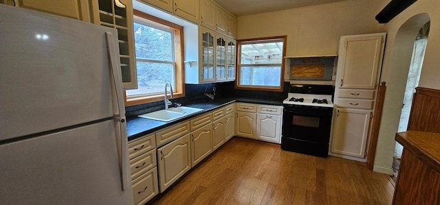 kitchen with freestanding refrigerator, wood finished floors, dark countertops, a sink, and gas stove