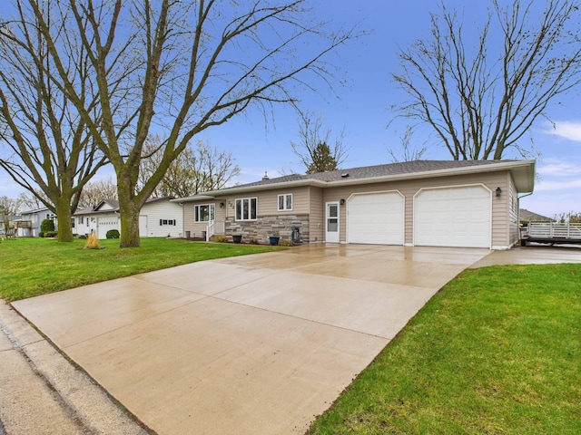 ranch-style house with an attached garage, driveway, stone siding, and a front yard
