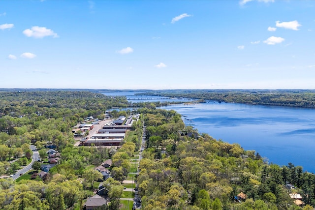 aerial view of a nearby body of water and a forest