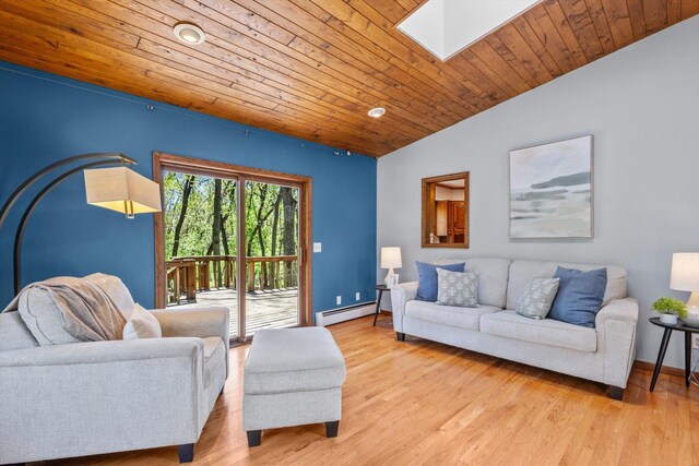 living area with baseboard heating, a skylight, baseboards, wooden ceiling, and light wood-type flooring