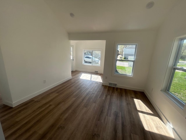 507 Peck St, Fergus Falls, MN 56537 - unfurnished living room featuring plenty of natural light, dark wood-style flooring, baseboards, and vaulted ceiling