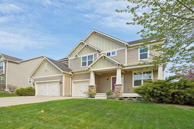 craftsman inspired home with board and batten siding, driveway, a front yard, a porch, and a garage