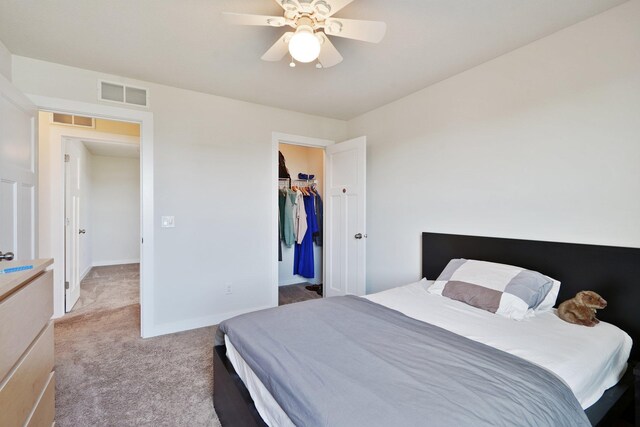 bedroom featuring carpet flooring, baseboards, a ceiling fan, a walk in closet, and a closet