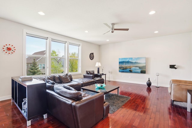 18032 72nd Pl N, Maple Grove, MN 55311 - living room featuring a ceiling fan, dark wood-type flooring, baseboards, and recessed lighting