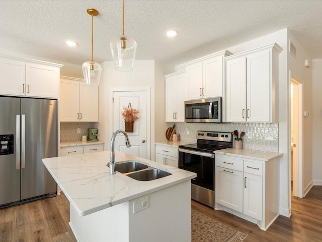 kitchen with visible vents, a kitchen island with sink, dark wood-type flooring, a sink, and appliances with stainless steel finishes