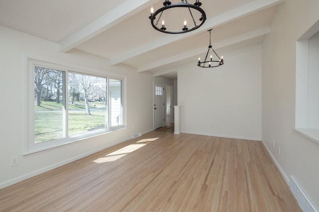 unfurnished dining area with visible vents, beam ceiling, baseboards, an inviting chandelier, and light wood-style flooring