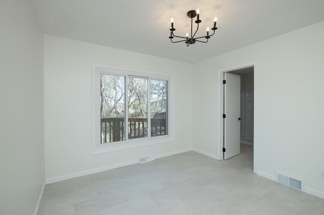 unfurnished dining area featuring visible vents, baseboards, and a notable chandelier
