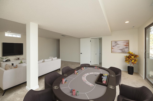 playroom featuring carpet floors, baseboards, recessed lighting, and visible vents