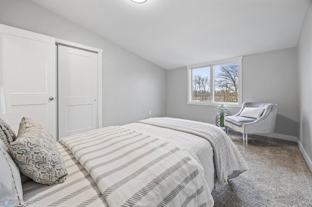 bedroom featuring baseboards, carpet, lofted ceiling, and a closet