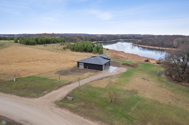 bird's eye view featuring a water view and a rural view