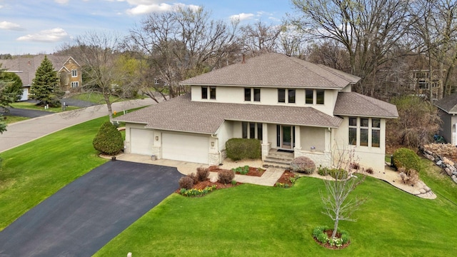 view of front facade with a garage, aphalt driveway, stone siding, roof with shingles, and stucco siding