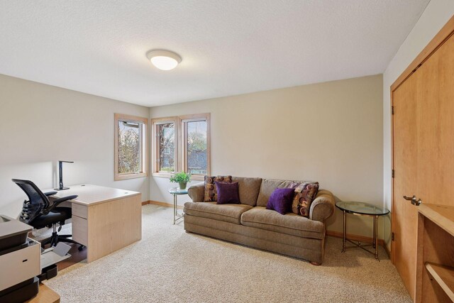 office area featuring baseboards and light carpet