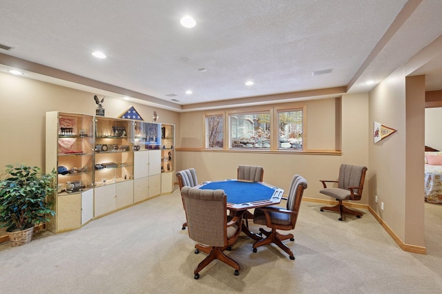 game room featuring carpet floors, recessed lighting, baseboards, and a textured ceiling