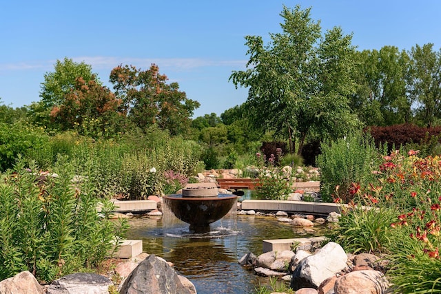 view of community featuring a small pond