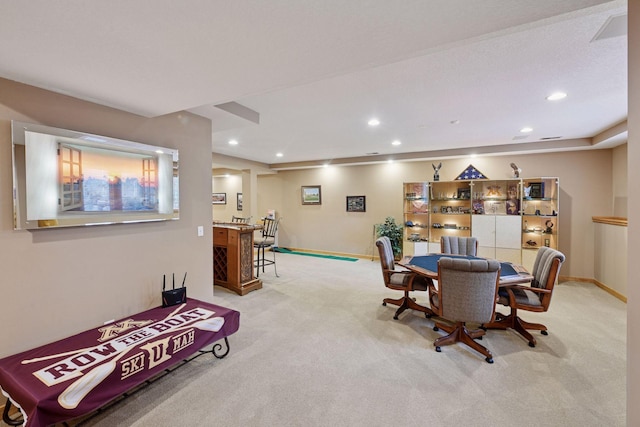 3670 Yuma Ln N, Plymouth, MN 55446 - dining space with light carpet, recessed lighting, and bar