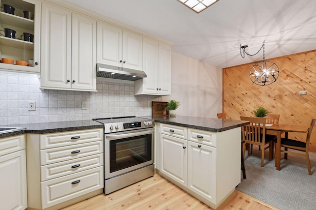 kitchen featuring decorative backsplash, stainless steel range with electric stovetop, a peninsula, glass insert cabinets, and under cabinet range hood