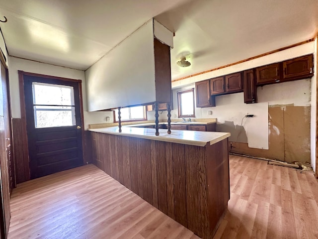 27227 Raven Rd, Spring Valley, MN 55975 - kitchen with dark brown cabinetry, wainscoting, light countertops, a peninsula, and light wood-type flooring