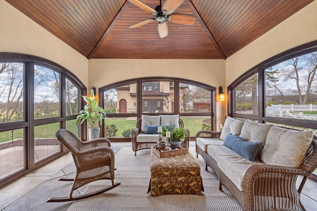 sunroom / solarium featuring plenty of natural light, an outdoor living space, and ceiling fan
